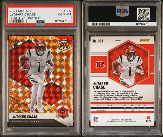 2021 Panini Mosaic (Reactive Orange Prizm) Ja'Marr Chase Rookie #307 - PSA 10 (Pop 640)