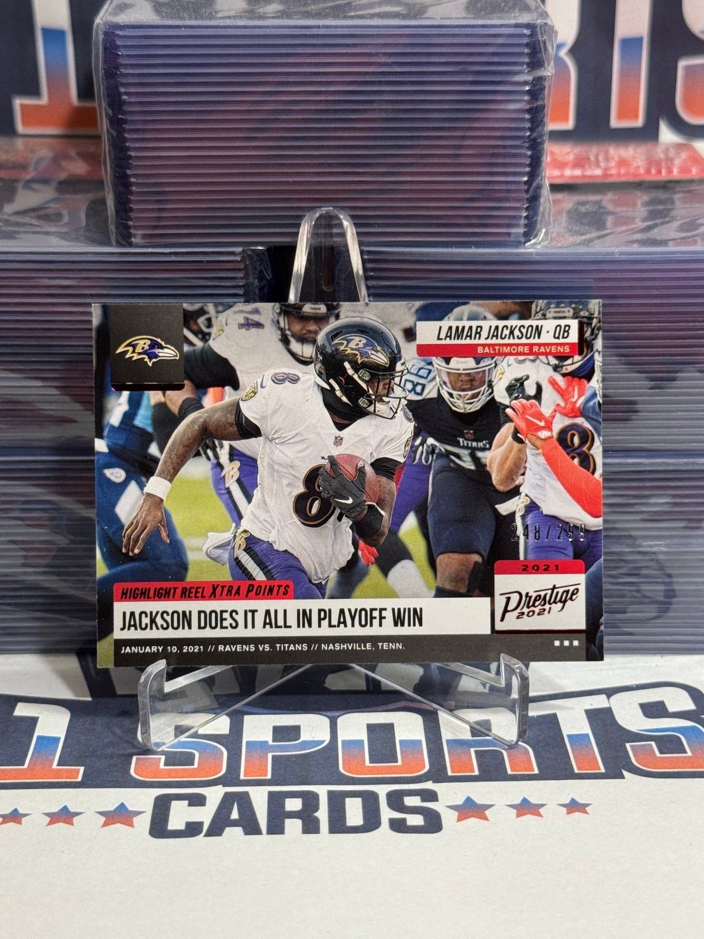 2021 Panini Prestige (Red, Highlight Reel 248/299) Lamar Jackson HR - LJ