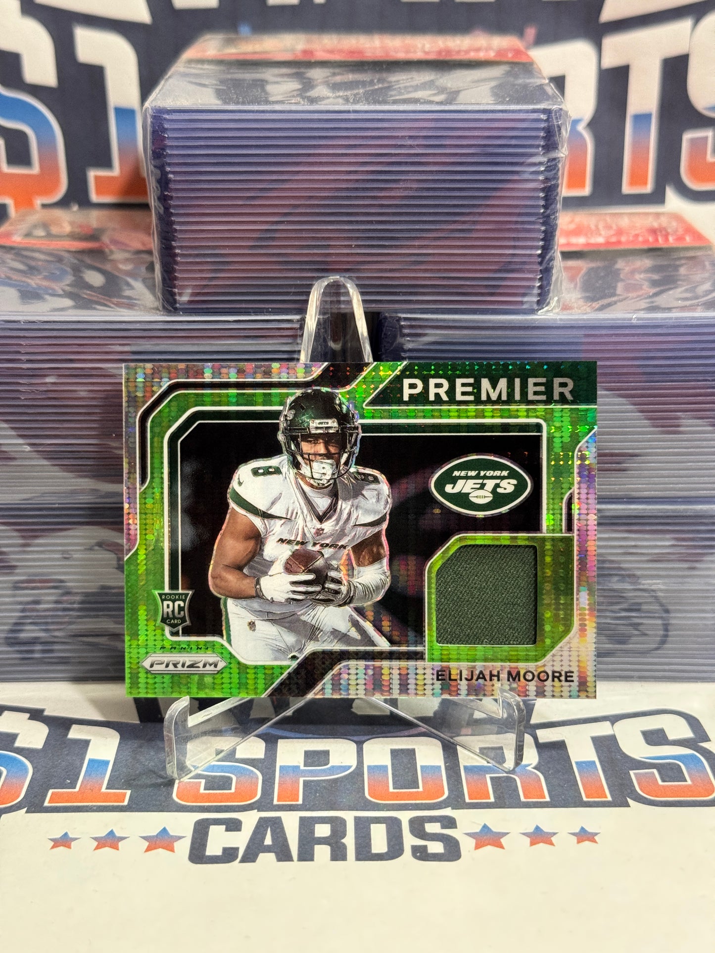 2021 Panini Prizm (Neon Green Pulsar Prizm, Premier Jerseys Relic) Elijah Moore Rookie #PJ-16