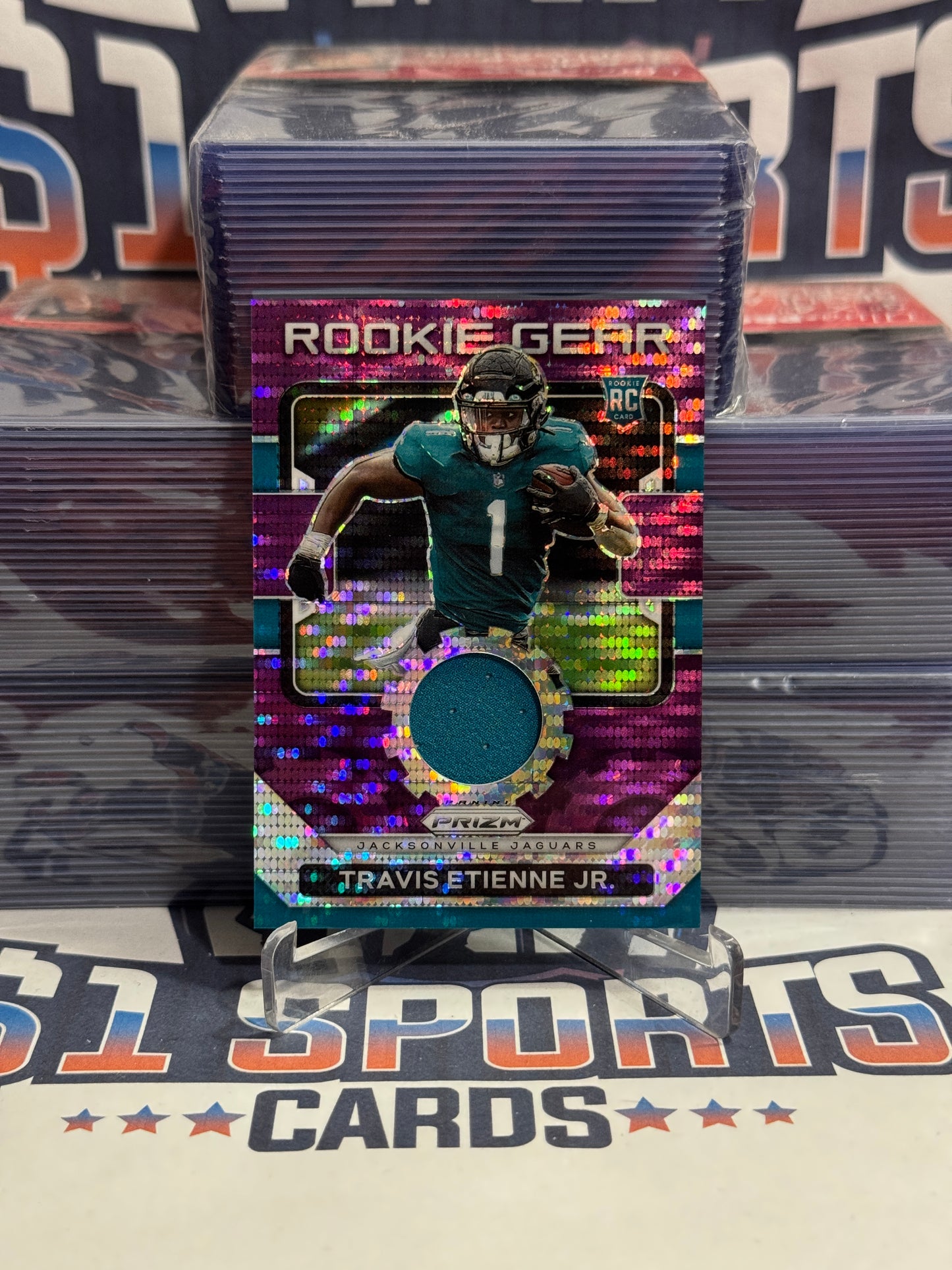 2021 Panini Prizm (Purple Pulsar Prizm, Rookie Gear Relic) Travis Etienne Jr. #RG-14