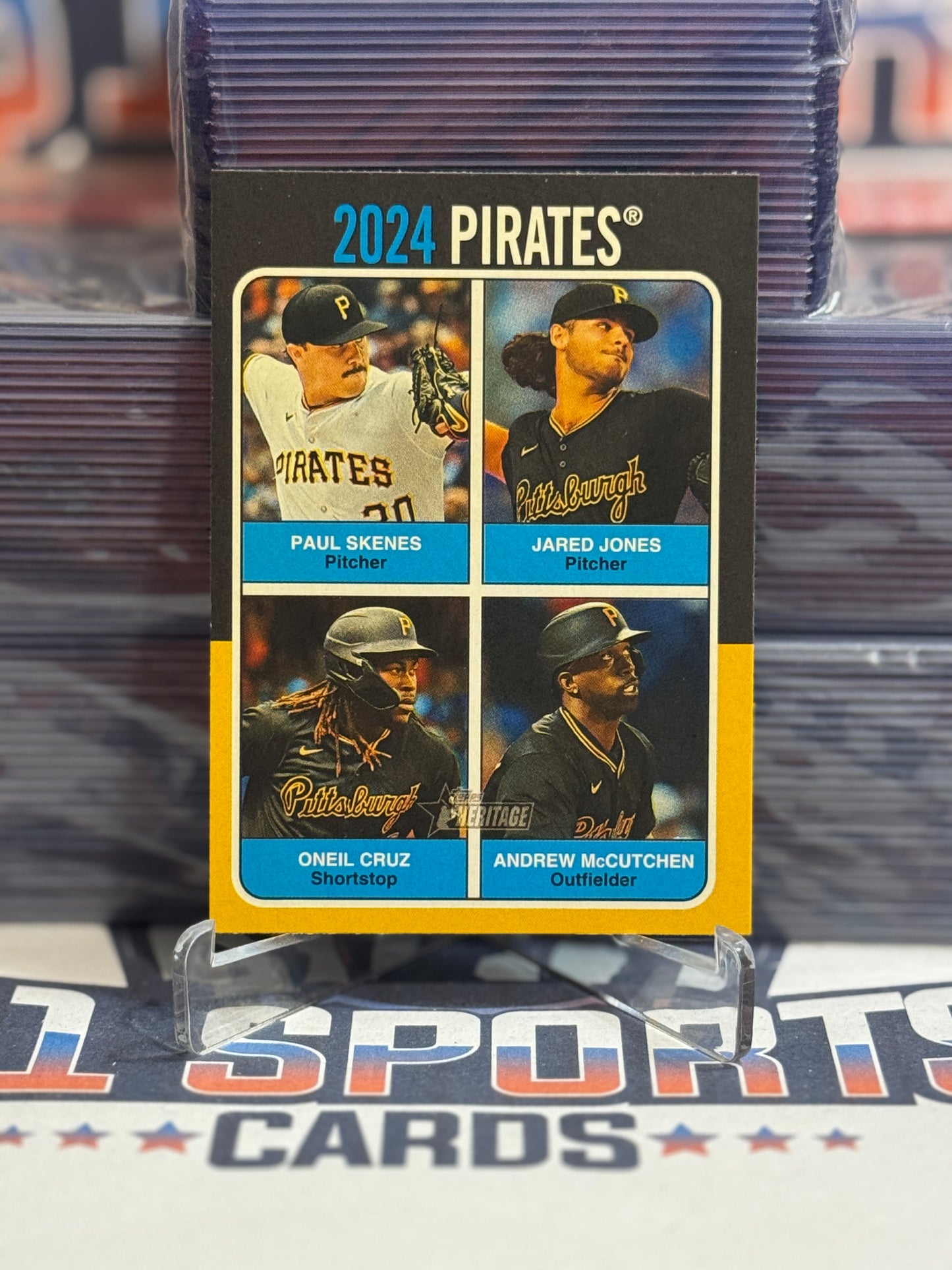 2024 Topps Heritage (Pirates Team Card) Paul Skenes Rookie + Jared Jones Rookie, Oneil Cruz, Andrew McCutchen #75TQ-11
