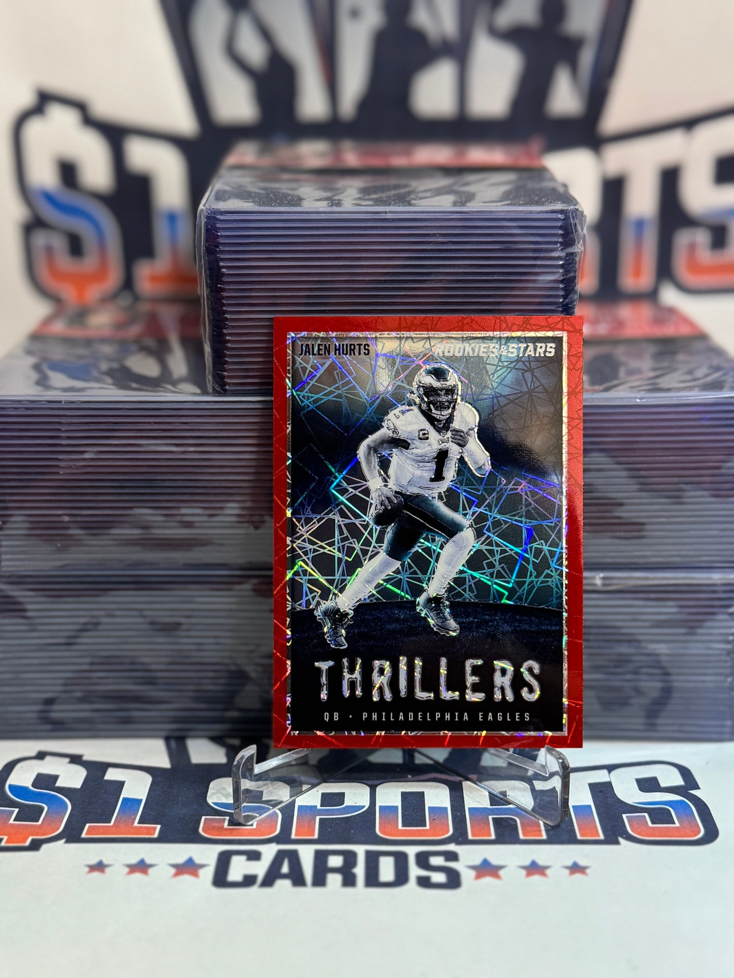 2023 Panini Rookies & Stars (Red Laser Prizm, Thrillers) Jalen Hurts #TH-24
