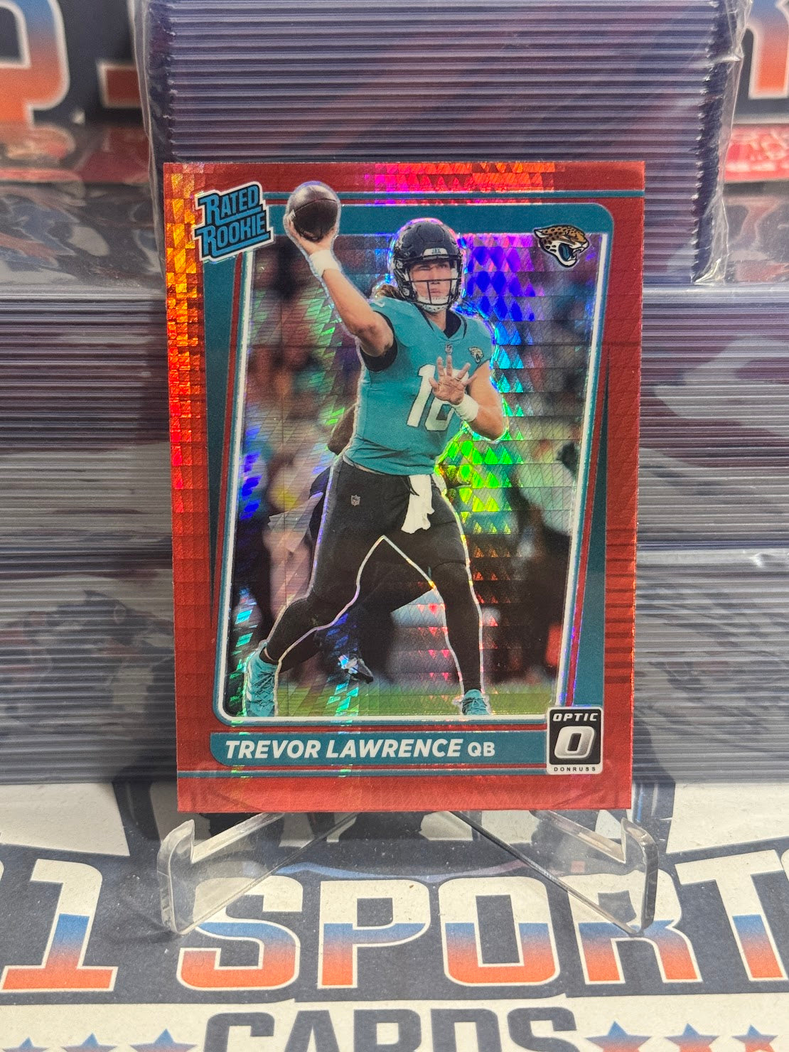2021 Donruss Optic (Hyper Red Prizm, Rated Rookie) Trevor Lawrence #201