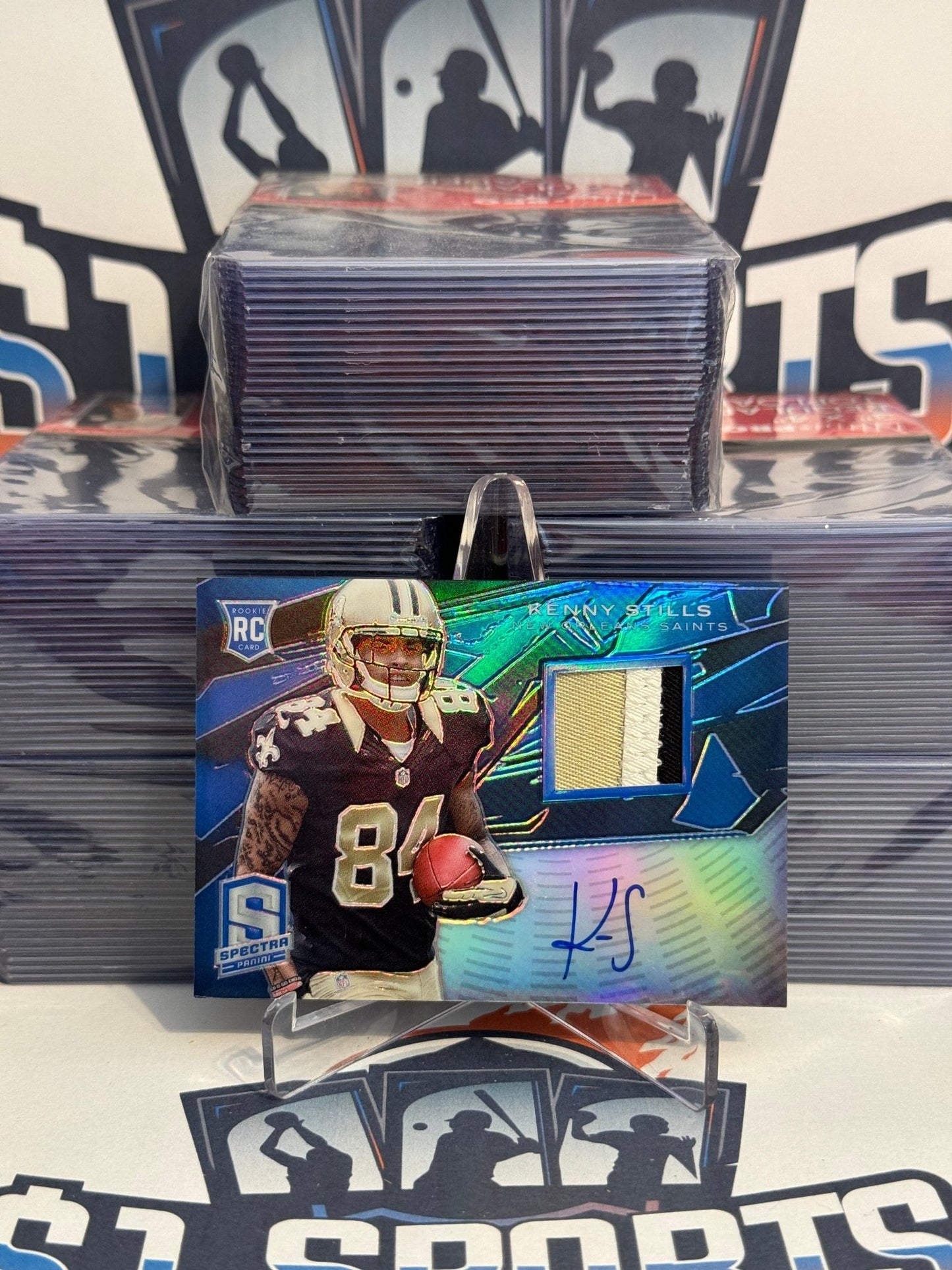 2013 Panini Spectra (Blue Prizm, Rookie Patch Relic Auto RPA 39/49) Kenny Stills #218