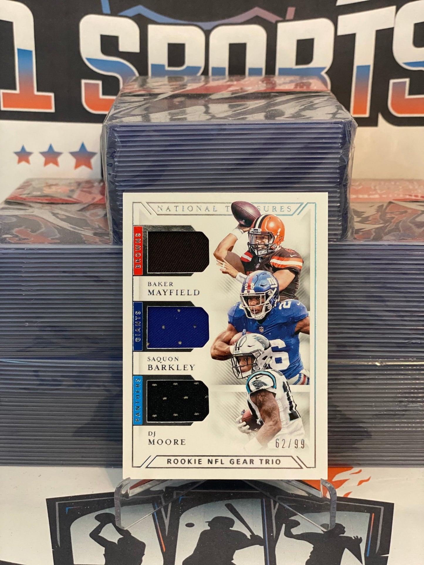 2018 Panini National Treasures (Rookie Trio Gear Relic 62/99) Saquon Barkley, Baker Mayfield, DJ Moore #GTM-5