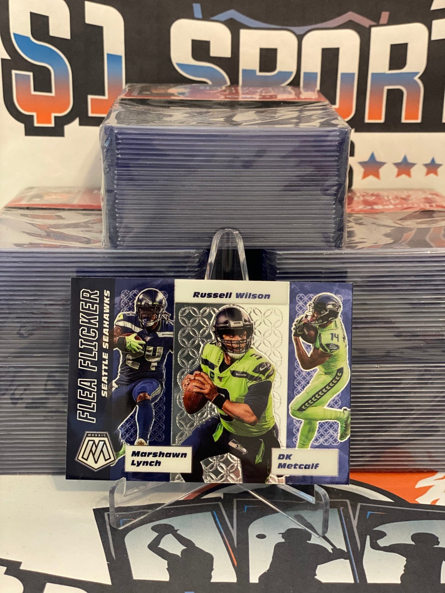 2020 Panini Mosaic (Flea Flicker) Marshawn Lynch, Russell Wilson, DK Metcalf #FF15