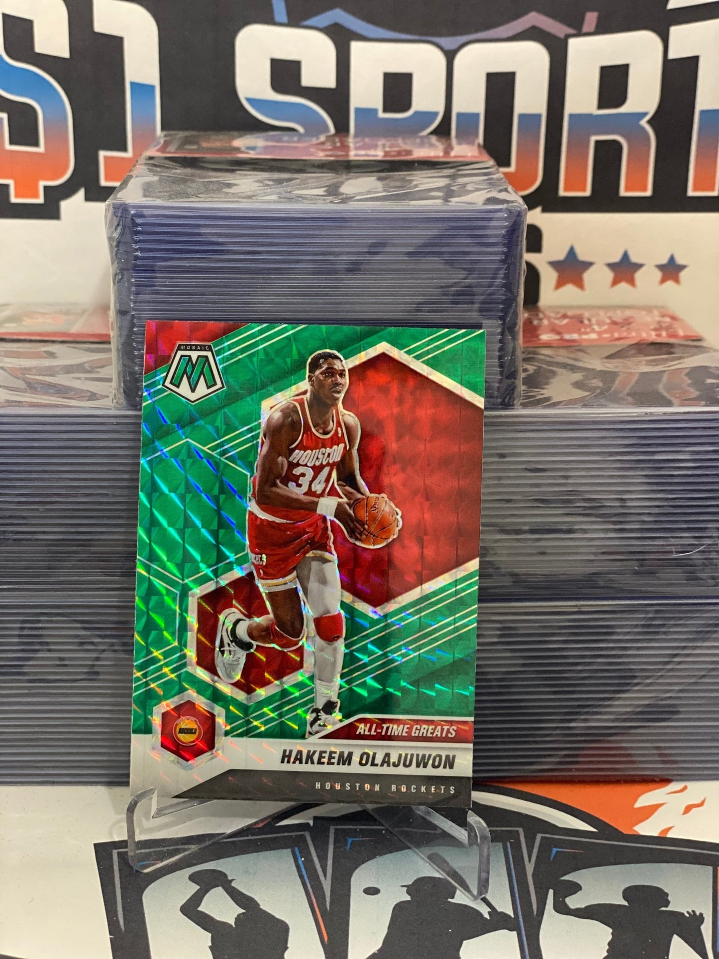 2020 Panini Mosaic (Green Prizm, All-Time Greats) Hakeem Olajuwon #284