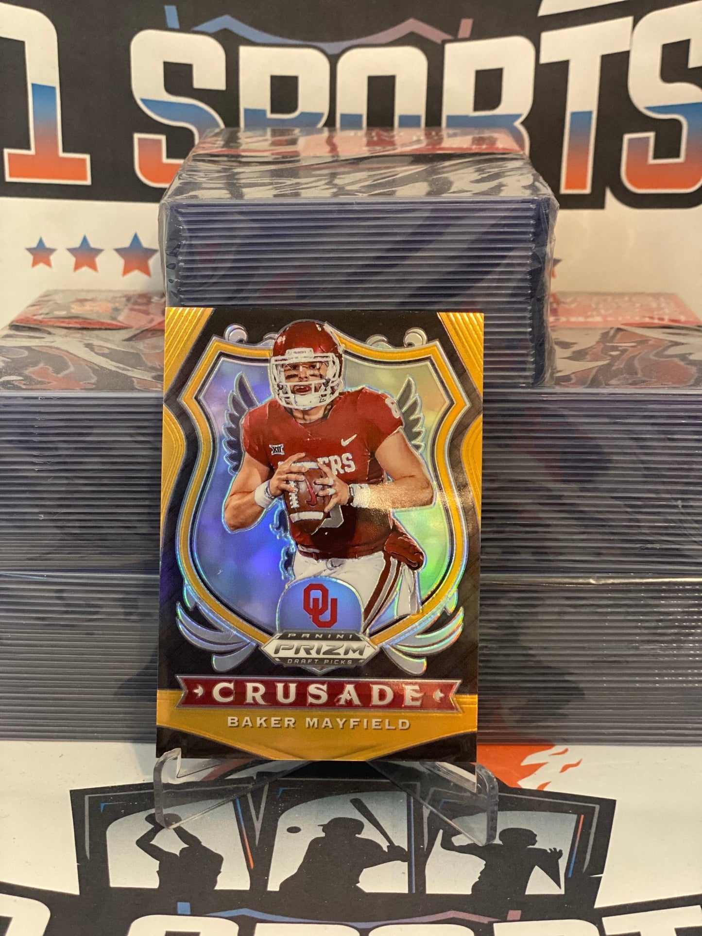 2020 Panini Prizm Draft Picks (Neon Orange Prizm, Crusade 075/149) Baker Mayfield #20