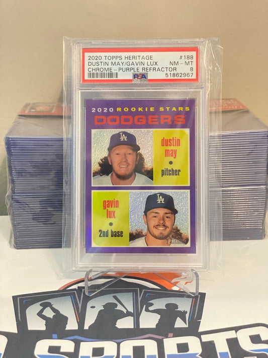2020 Topps Heritage Chrome Purple Refractor Dustin May/Gavin Lux Rookie #188 - PSA 8