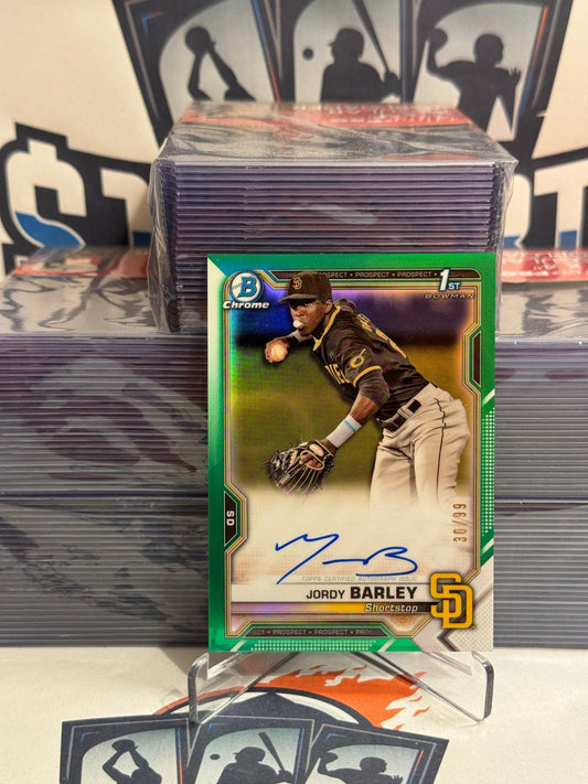 2021 Bowman Chrome Prospects (Green Refractor, 1st Bowman, Auto 30/99) Jordy Barley #CPA-JBA