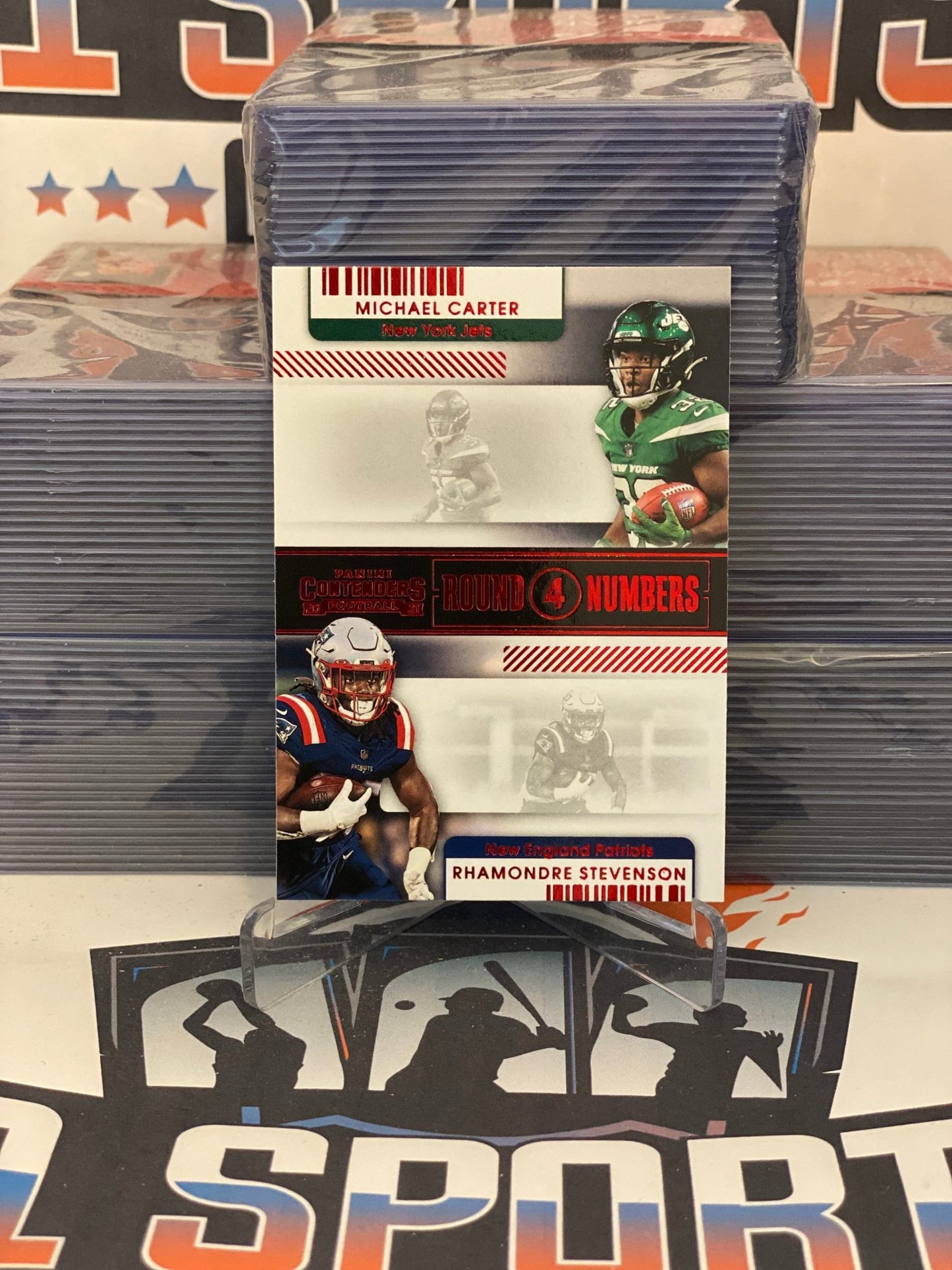 2021 Panini Contenders (Ruby, Round Numbers) Rhamondre Stevenson & Michael Carter Rookie #RN-MCA