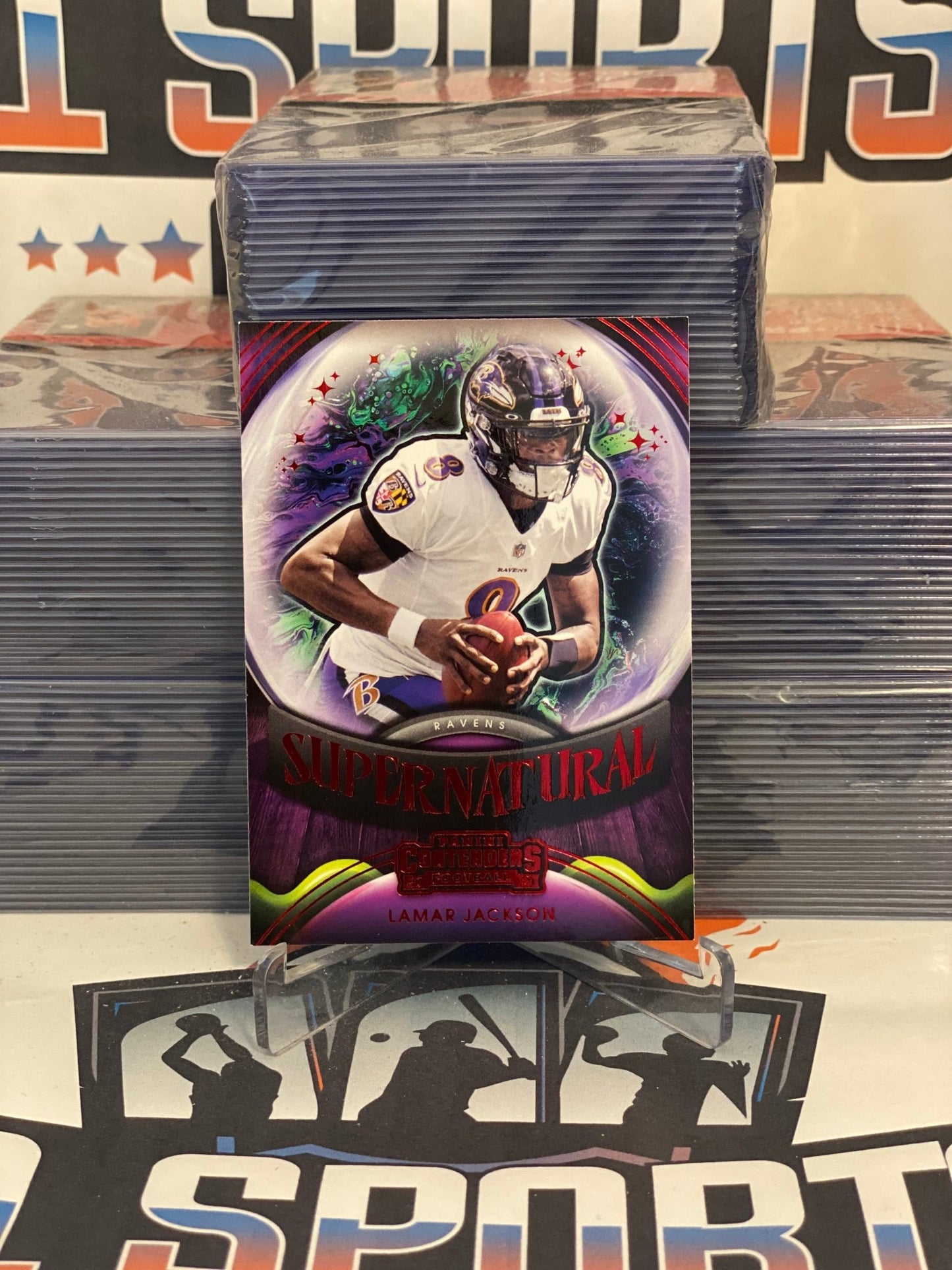 2021 Panini Contenders (Ruby, Supernatural) Lamar Jackson #SN-LJA