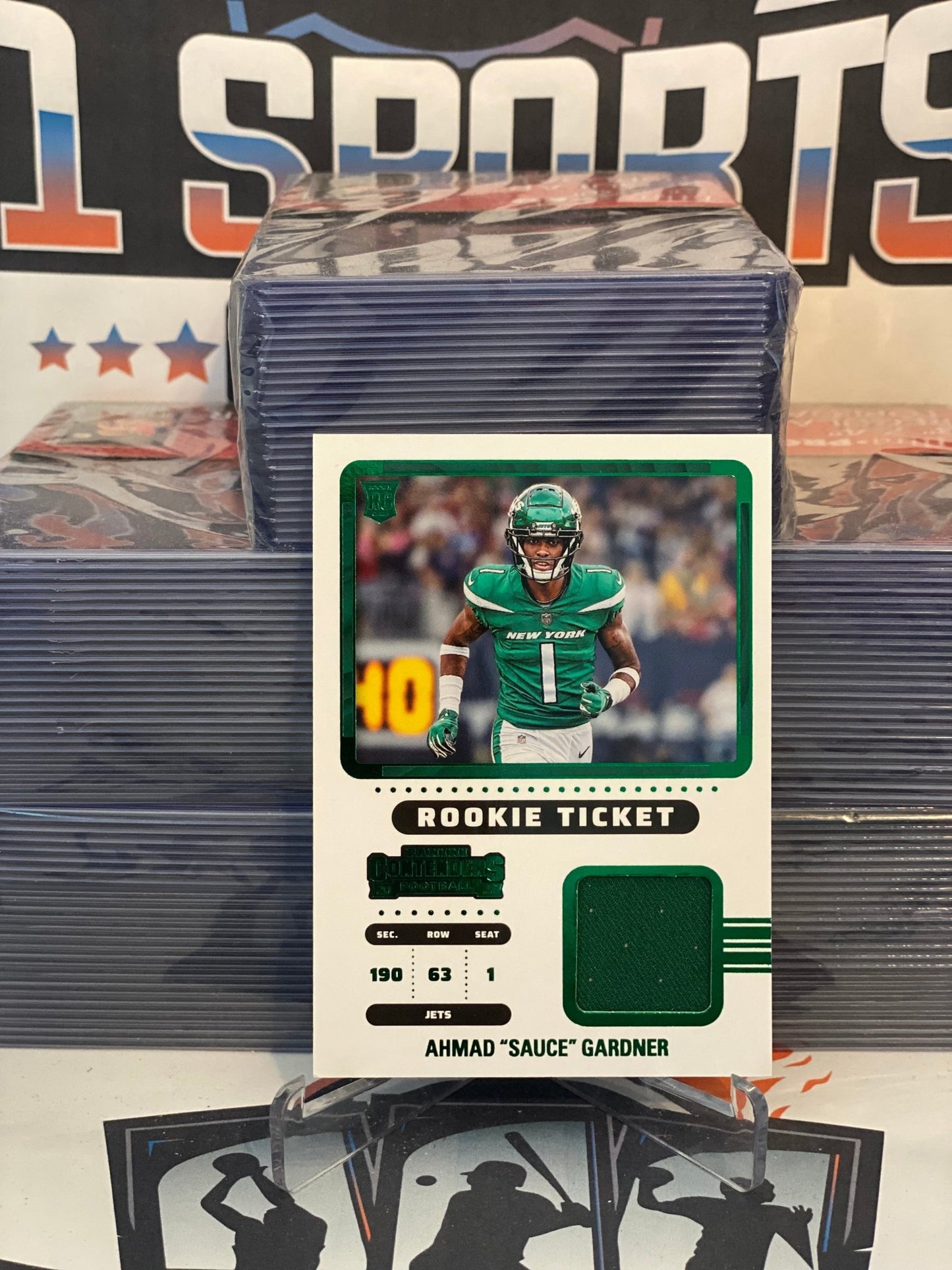 2022 Panini Contenders (Green, Rookie Ticket Relic) Ahmad "Sauce" Gardner Rooie #RTS-ASG
