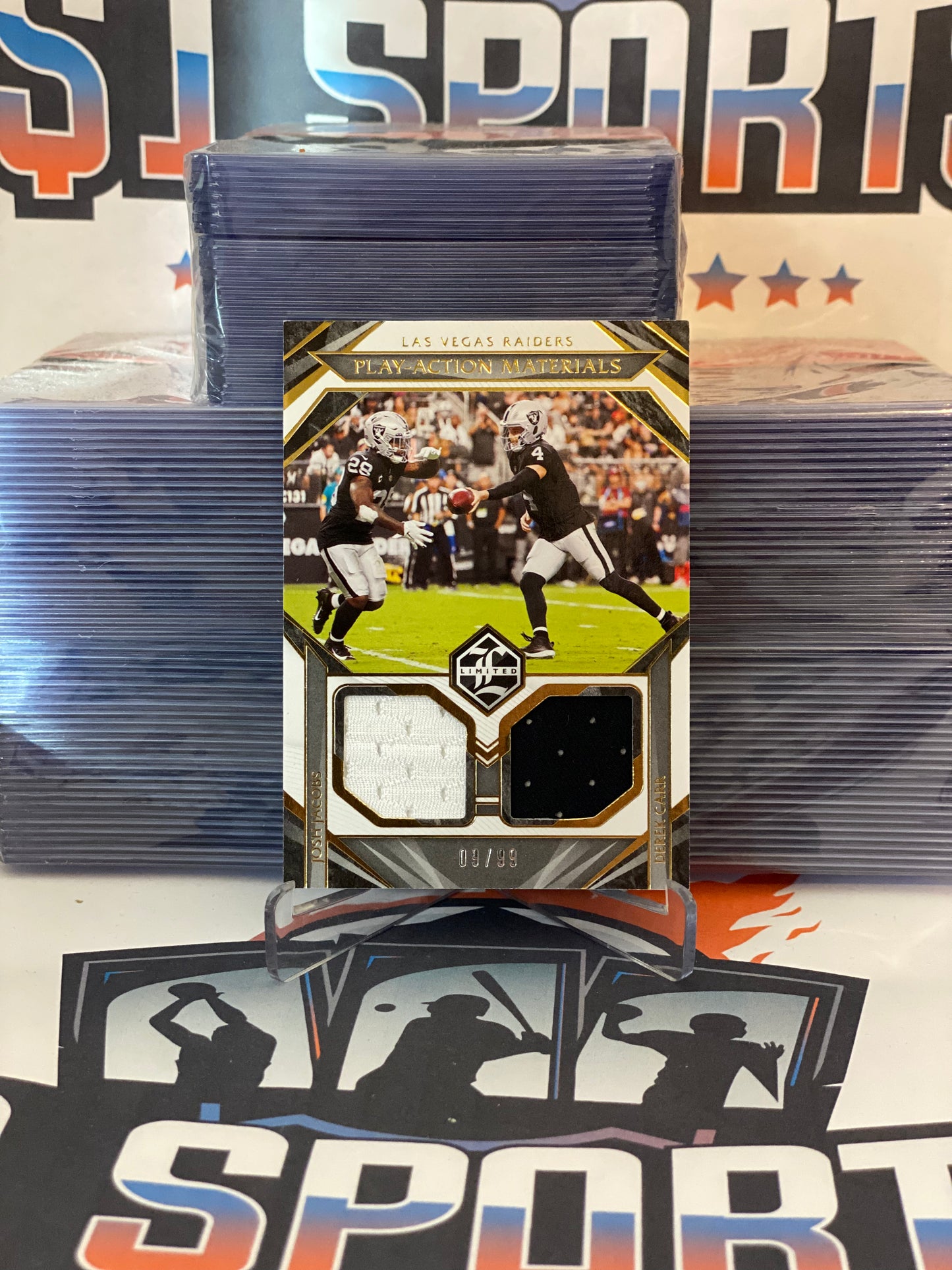 2021 Panini Limited (Play-Action Materials Relic 09/99) Josh Jacobs & Derek Carr #PA-DJ