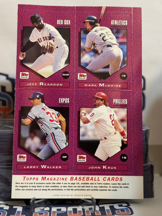1992 Topps Magazine (Uncut Sheet) Larry Walker, Mark McGwire, Jeff Reardon, John Kruk #TM93 - 96