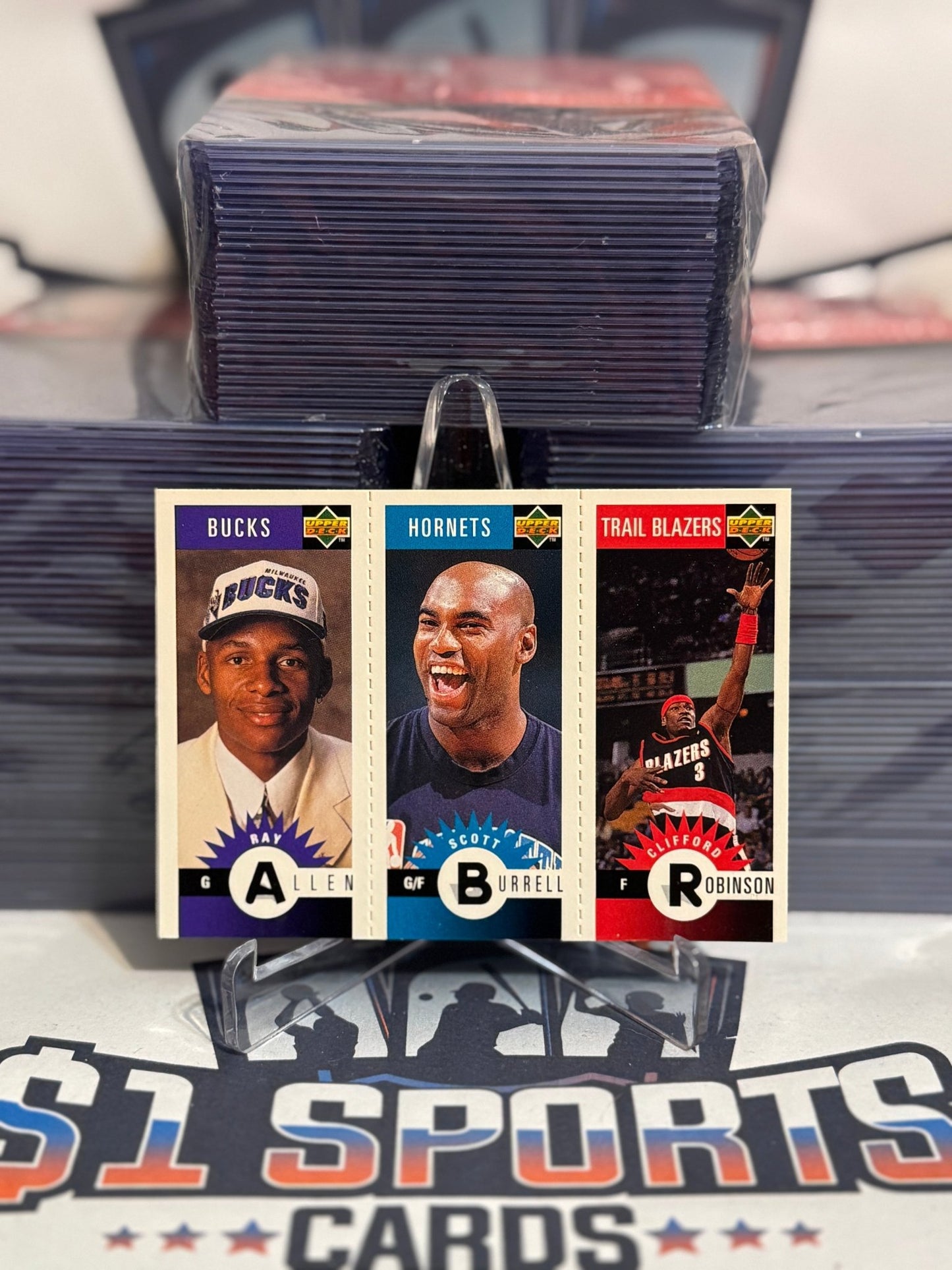 1996 Upper Deck Collector's Choice (Mini) Ray Allen Rookie with Clifford Robinson & Scott Burrell #M136