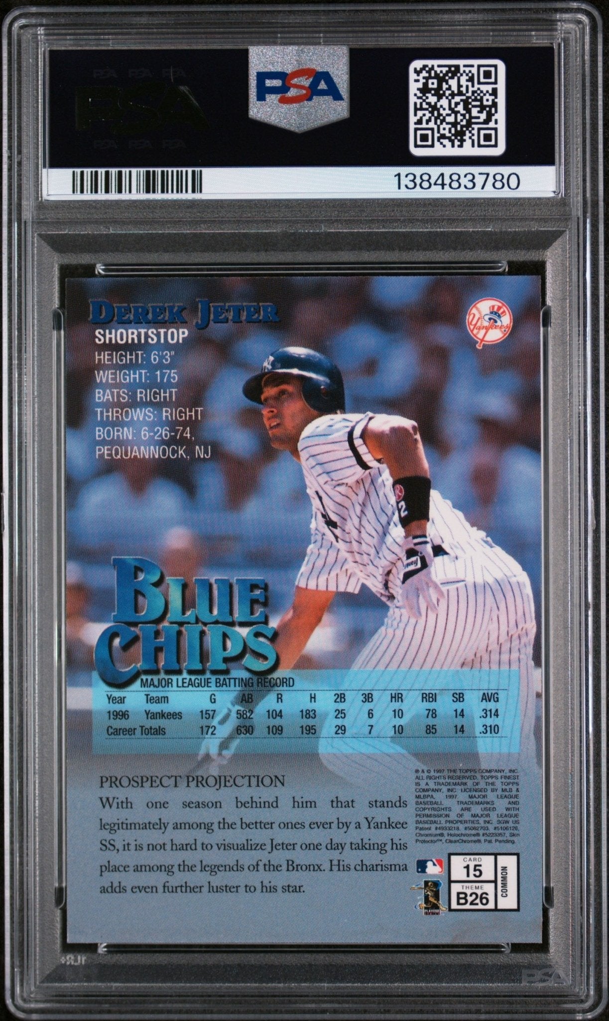 1997 Topps Finest (w/ Coating, Blue Chips) Derek Jeter 15 - PSA 8