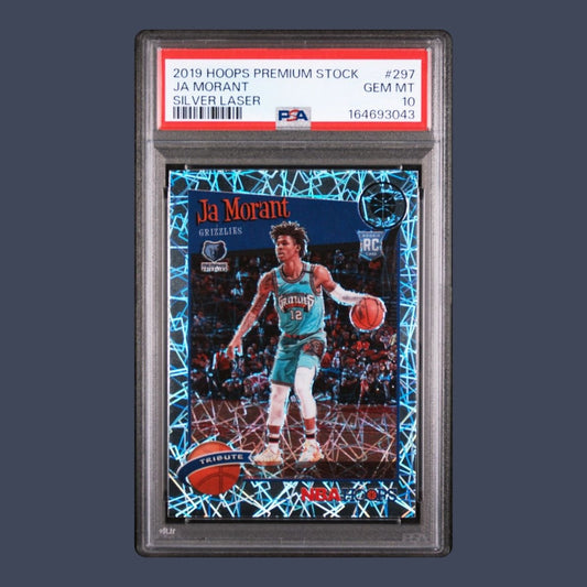 2019 Hoops Premium Stock (Silver Laser Prizm, Tribute) Ja Morant Rookie 297 - PSA 10