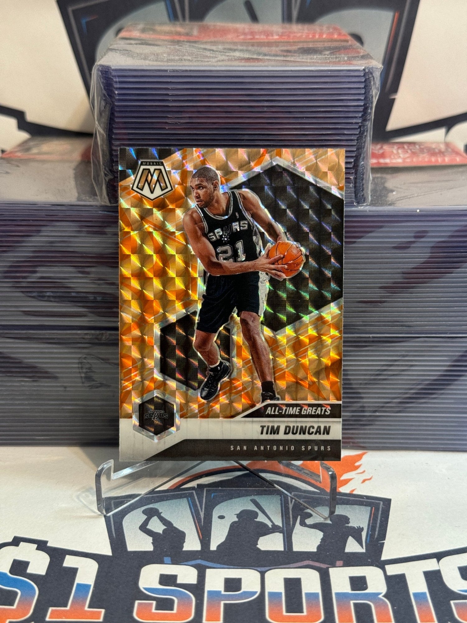 2020 Panini Mosaic (Orange Reactive Prizm, All - Time Greats) Tim Duncan #289