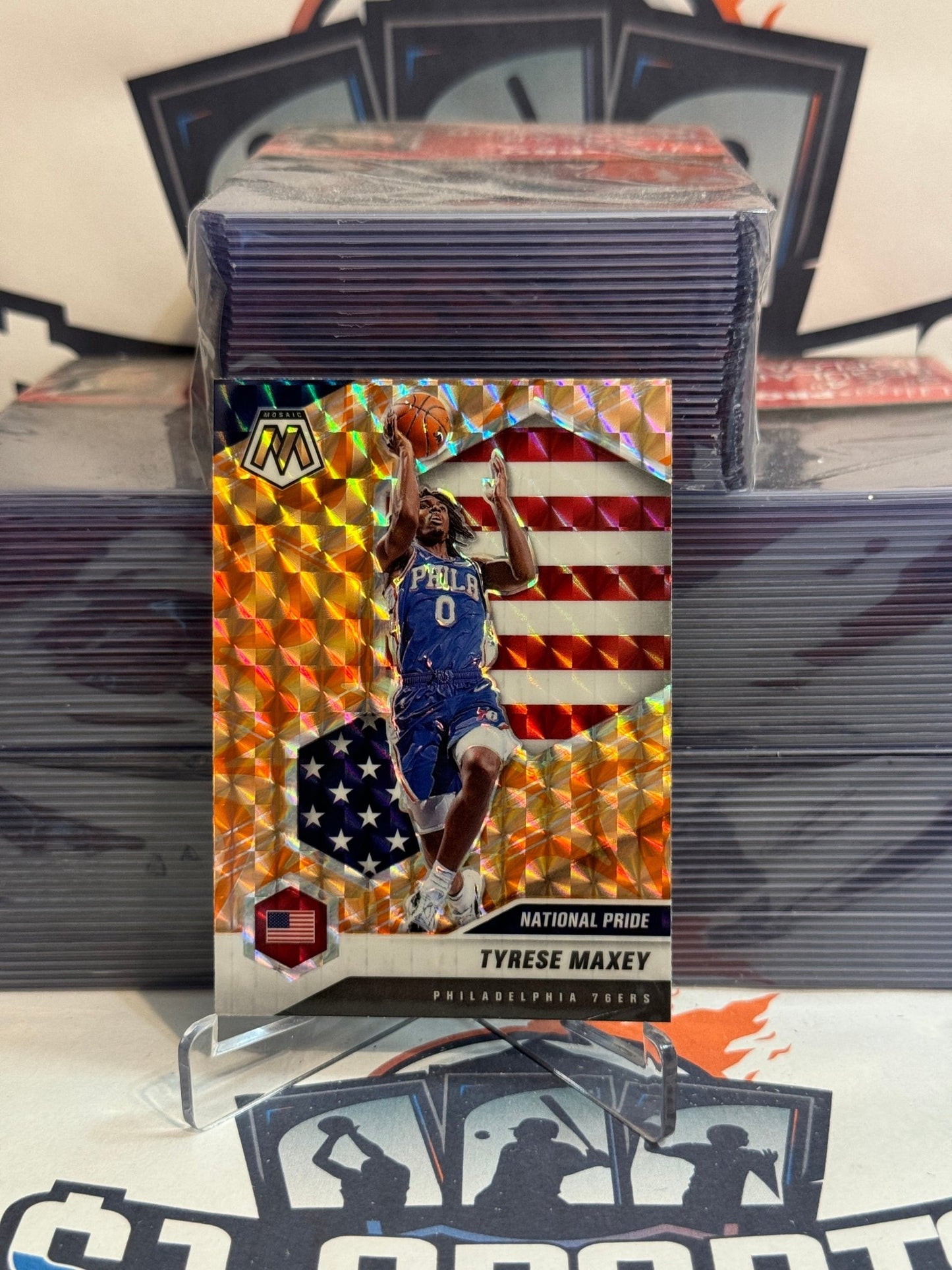 2020 Panini Mosaic (Orange Reactive Prizm, National Pride) Tyrese Maxey Rookie #259