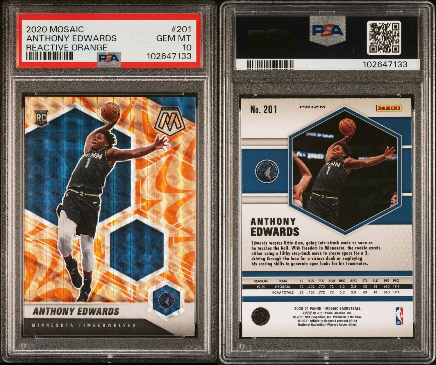 2020 Panini Mosaic (Reactive Orange Prizm) Anthony Edwards Rookie #201 - PSA 10 (Pop 455)