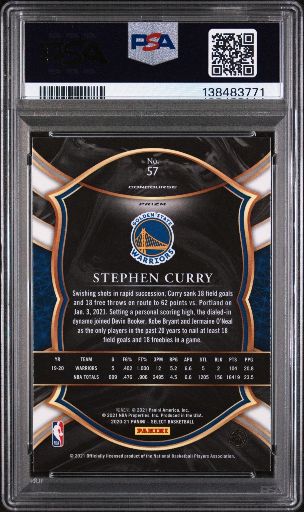 2020 Panini Select (Silver Prizm) Stephen Curry 57 - PSA 10