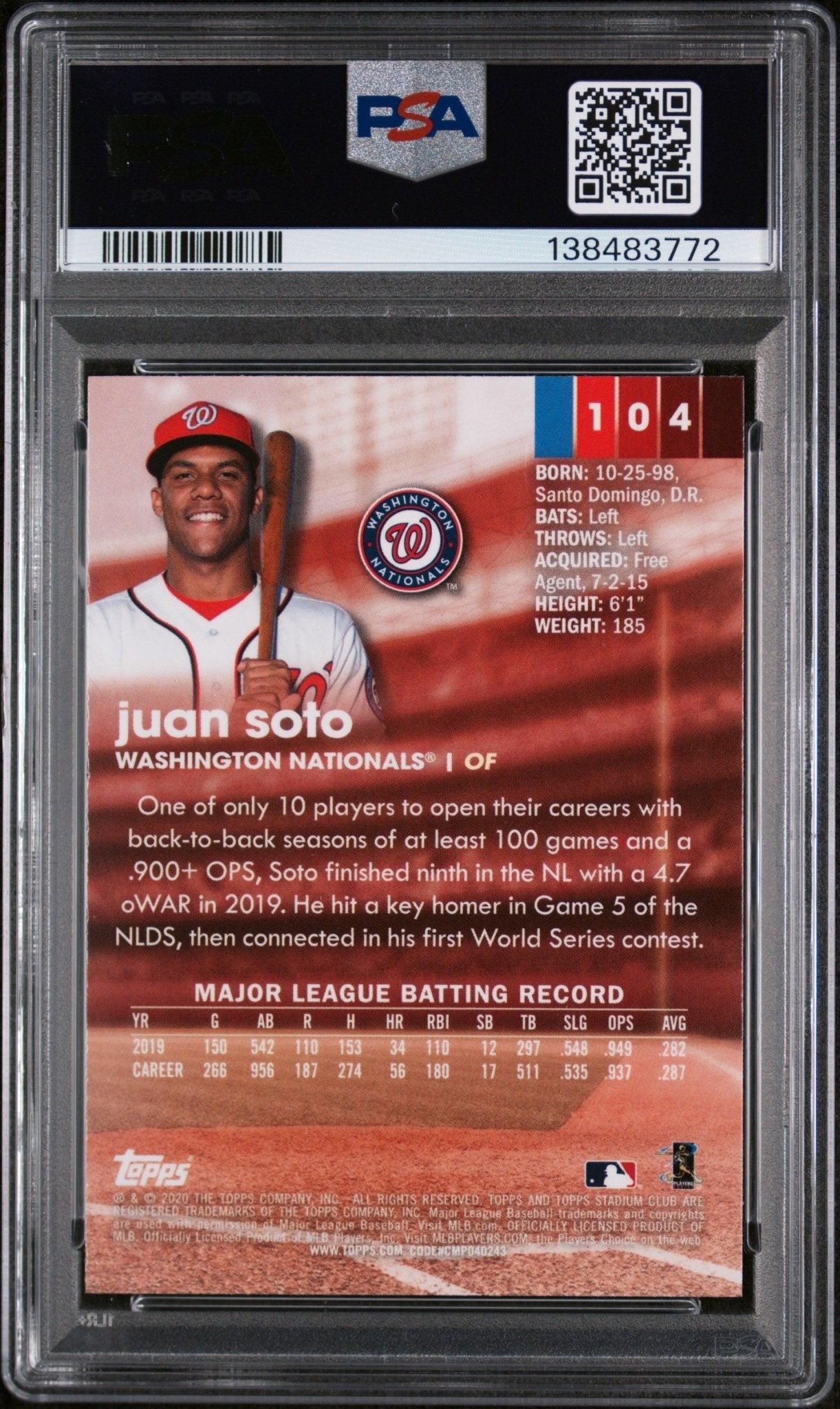 2020 Stadium Club Chrome ("Soto Shuffle") Juan Soto 104 - PSA 10