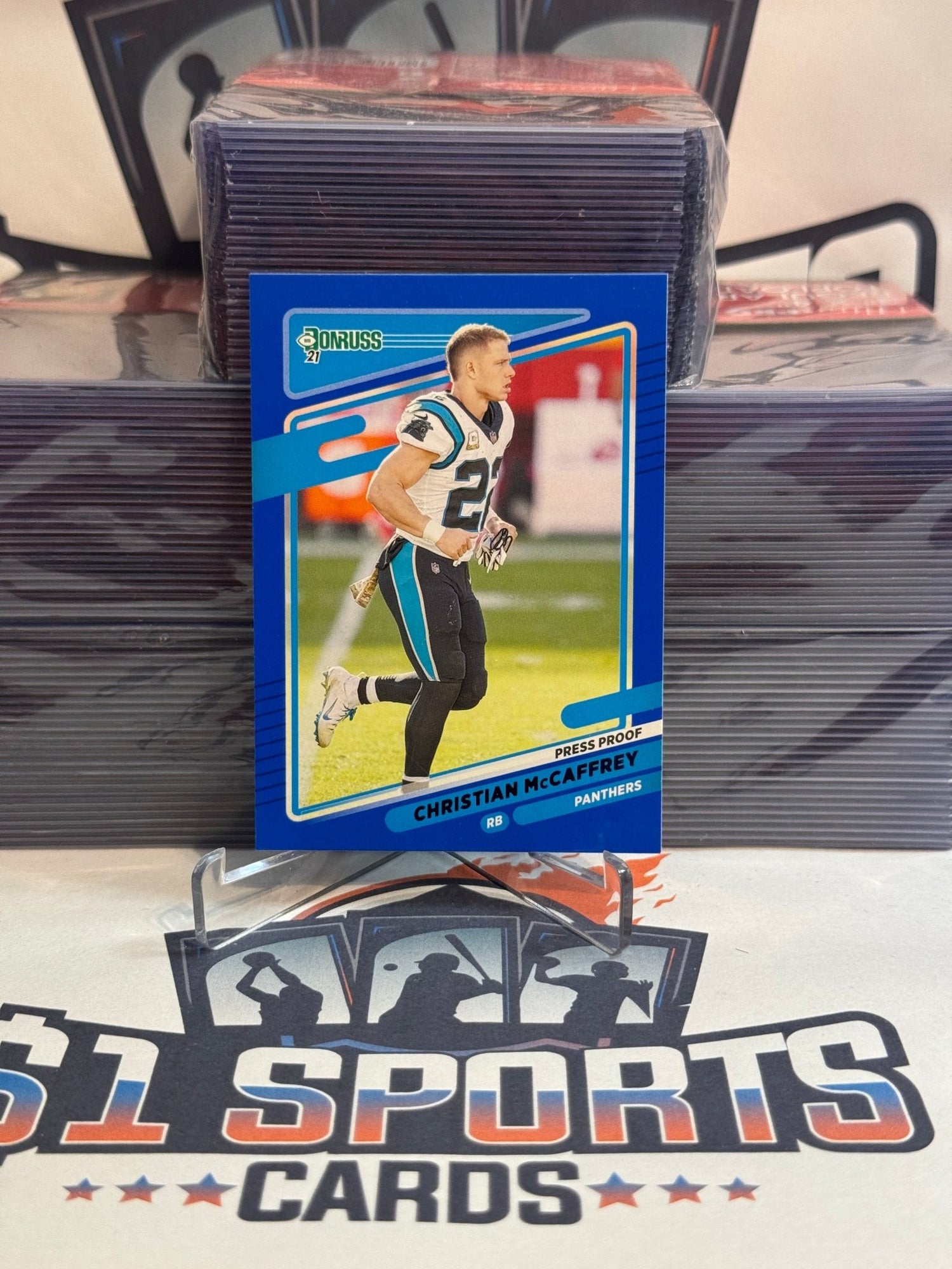 2021 Donruss (Blue Press Proof, Helmetless Variation) Christian McCaffrey #219