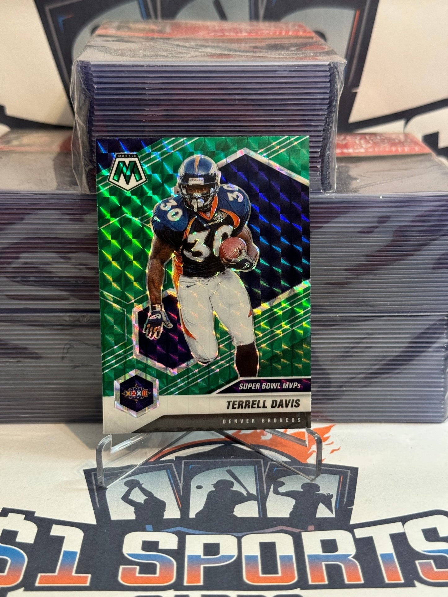 2021 Panini Mosaic (Green Prizm, Super Bowl MVPs) Terrell Davis #296