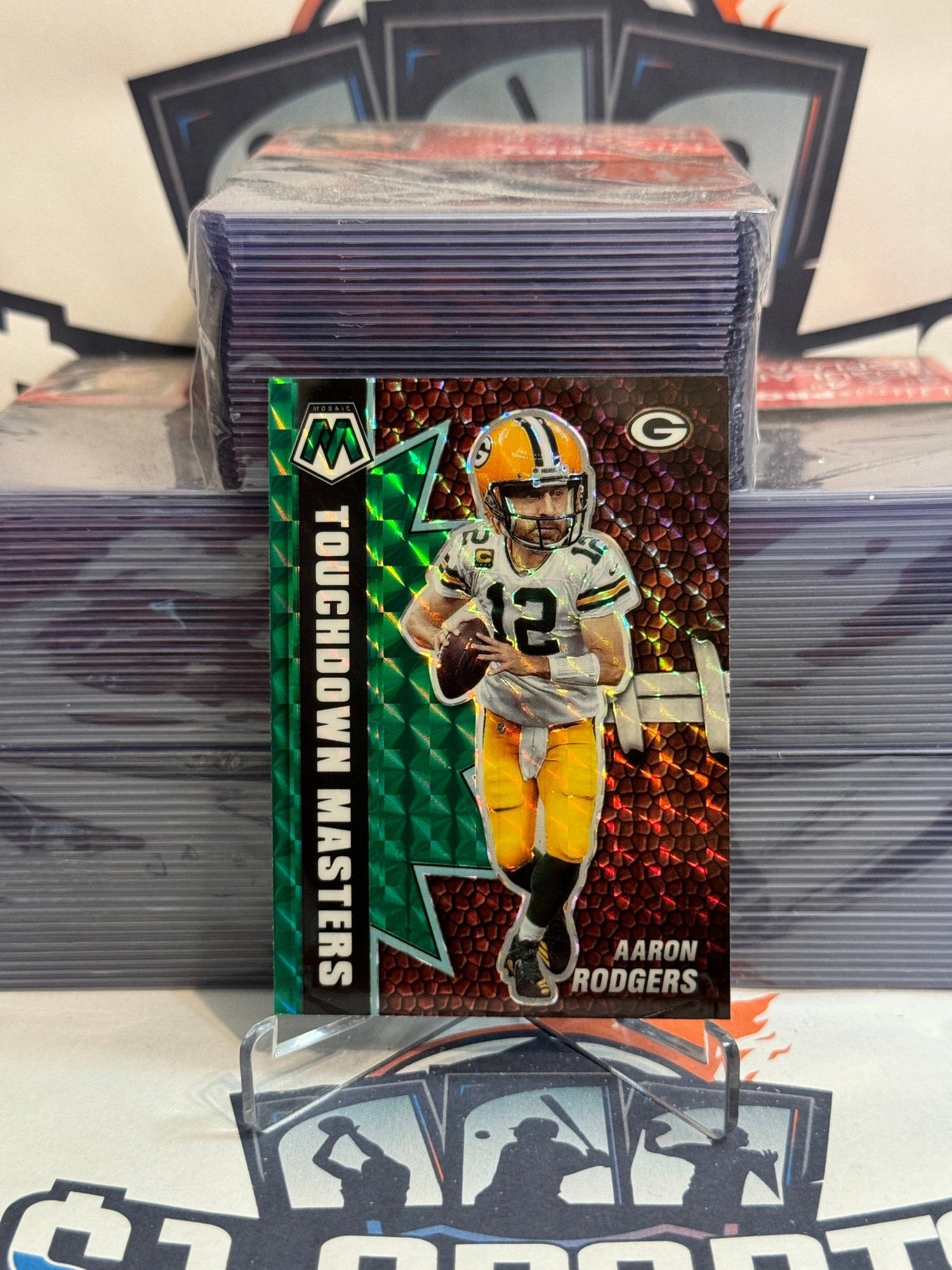 2021 Panini Mosaic (Green Prizm, Touchdown Masters) Aaron Rodgers #TM-11