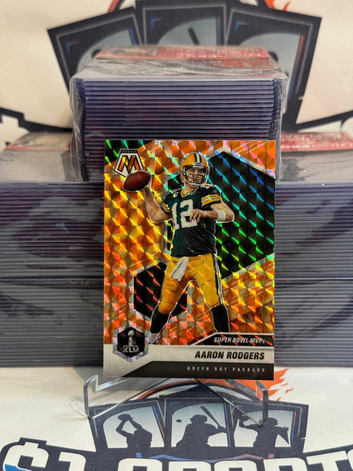 2021 Panini Mosaic (Orange Reactive Prizm, Super Bowl MVPs) Aaron Rodgers #289