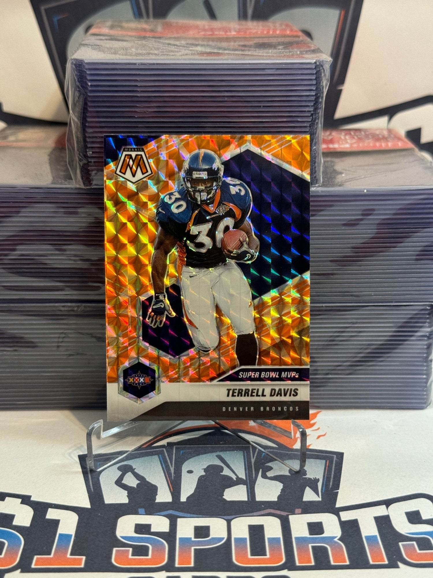 2021 Panini Mosaic (Orange Reactive Prizm, Super Bowl MVPs) Terrell Davis #296