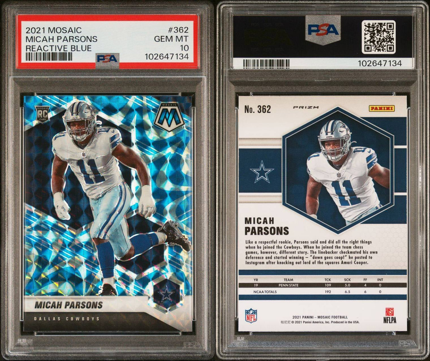 2021 Panini Mosaic (Reactive Blue Prizm) Micah Parsons Rookie #362 - PSA 10 (Pop 166)