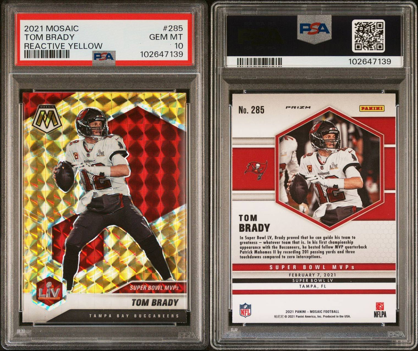 2021 Panini Mosaic (Yellow Reactive Prizm, Super Bowl MVPs) Tom Brady #285 - PSA 10 (Pop 37)