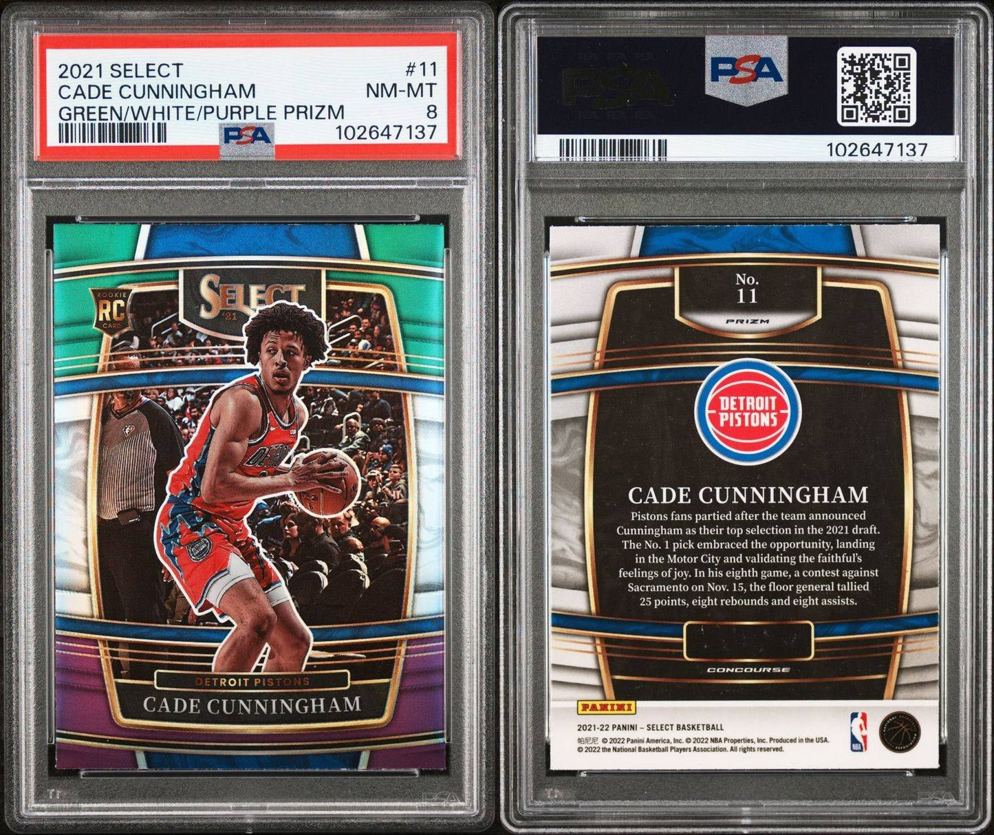 2021 Panini Select (Green White Purple Prizm) Cade Cunningham Rookie - PSA 8 (Pop 5)