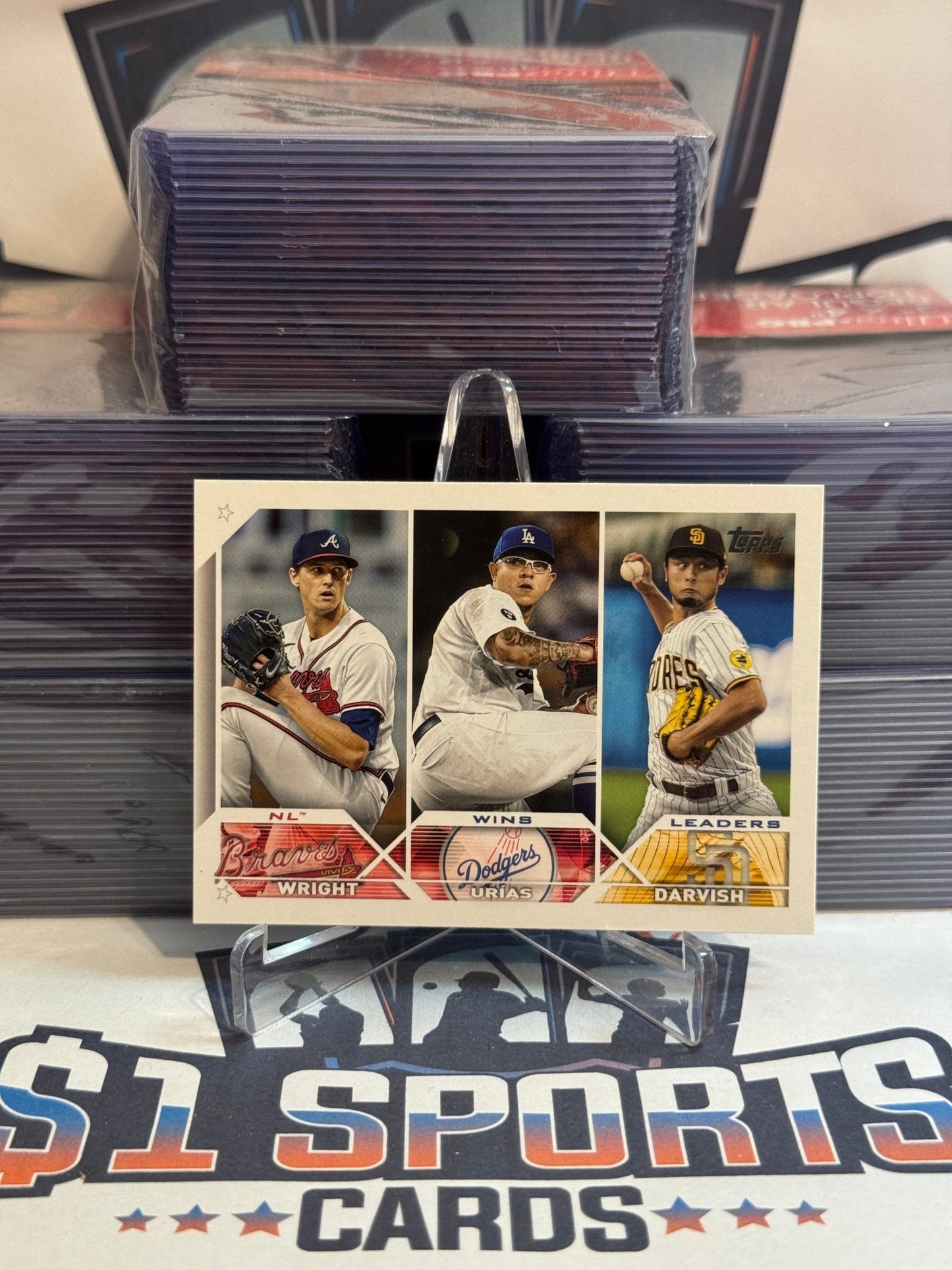 2023 Topps (NL Wins Leaders) Kyle Wright, Julio Urias, Yu Darvish #284