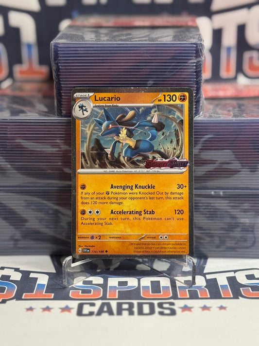 Pokemon TCG: Scarlet & Violet - Lucario (PE Logo, Cosmos Holo, Uncommon) #114