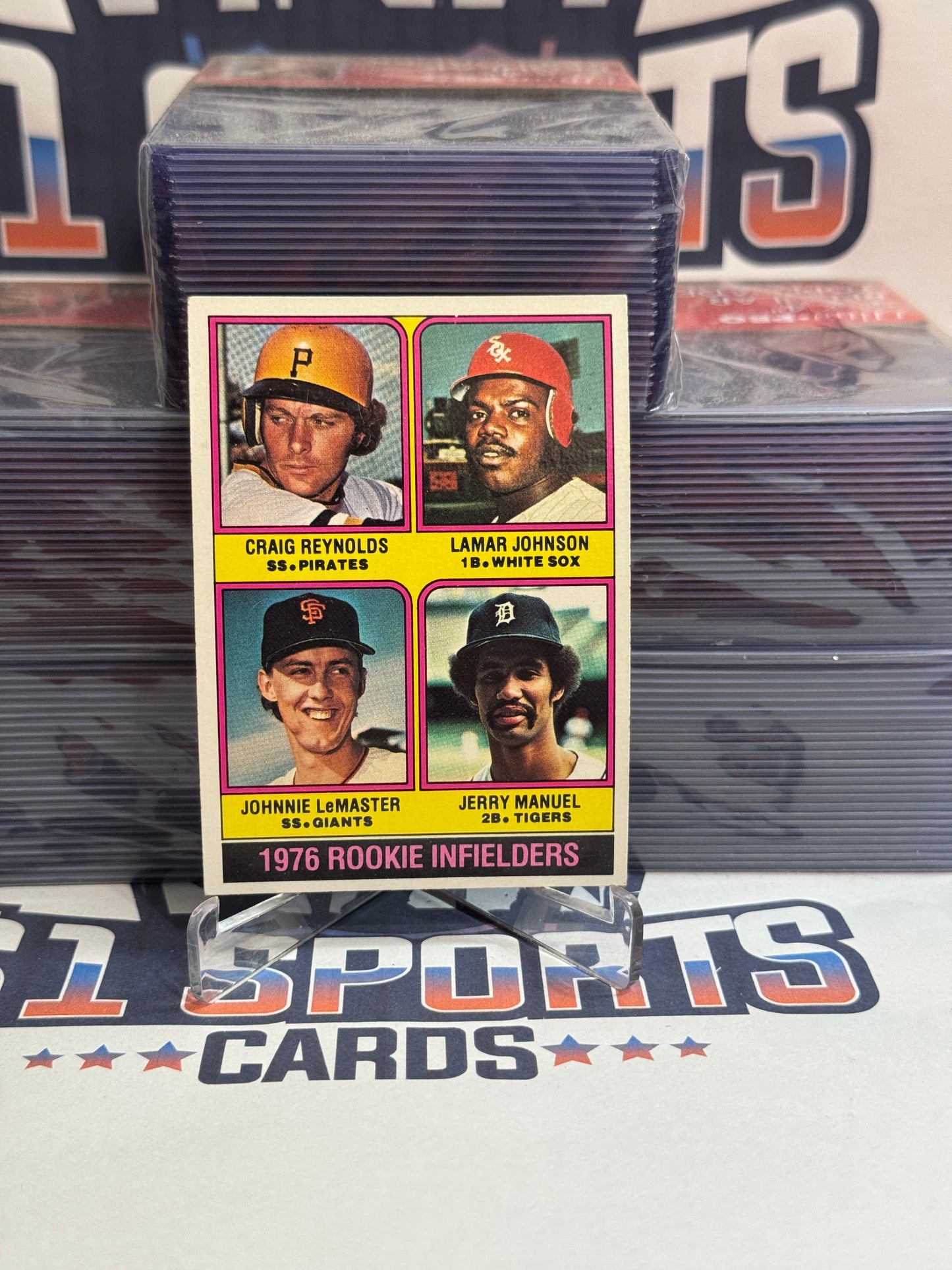 1976 Topps (Rookie Infielders) Jerry Manuel, Craig Reynolds, Lamar Johnson, Johnnie LeMaster #596