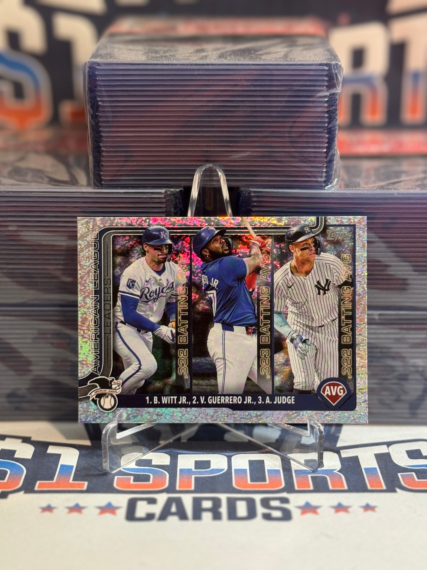 2025 Topps (Rainbow Foil, AL BA Leaders) Aaron Judge, Vladimir Guerrero Jr., Bobby Witt Jr. #345