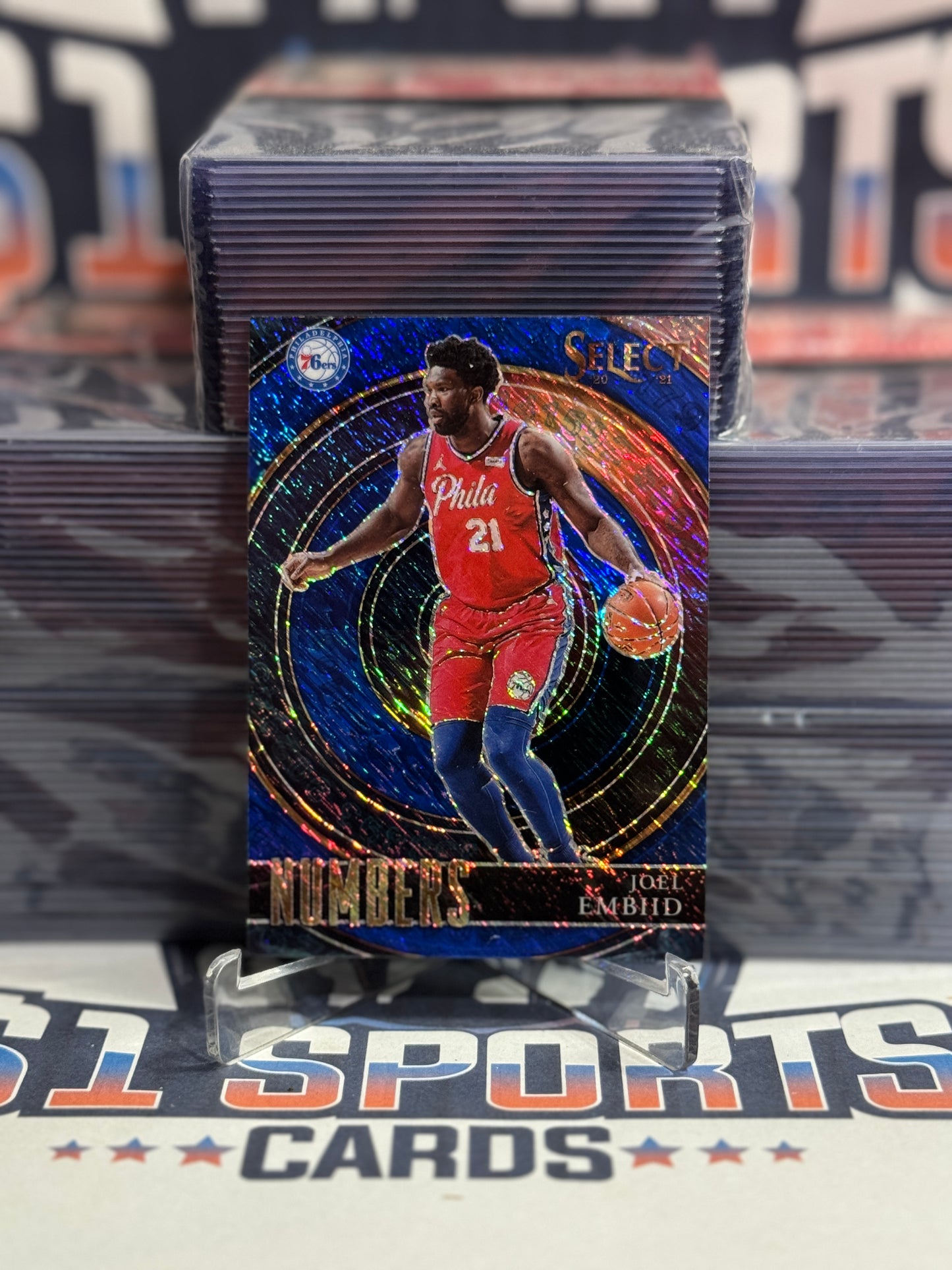 2020 Panini Select (Blue Shimmer Prizm, Numbers) Joel Embiid #21