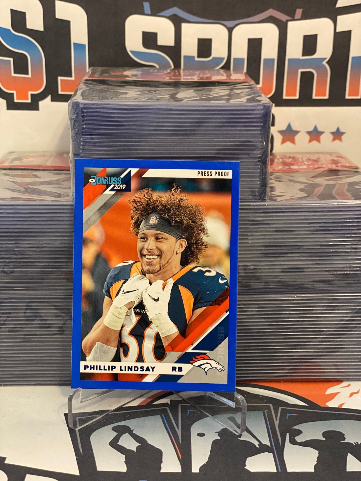 2019 Donruss (Blue Press Proof, Variation) Phillip Lindsay #85V