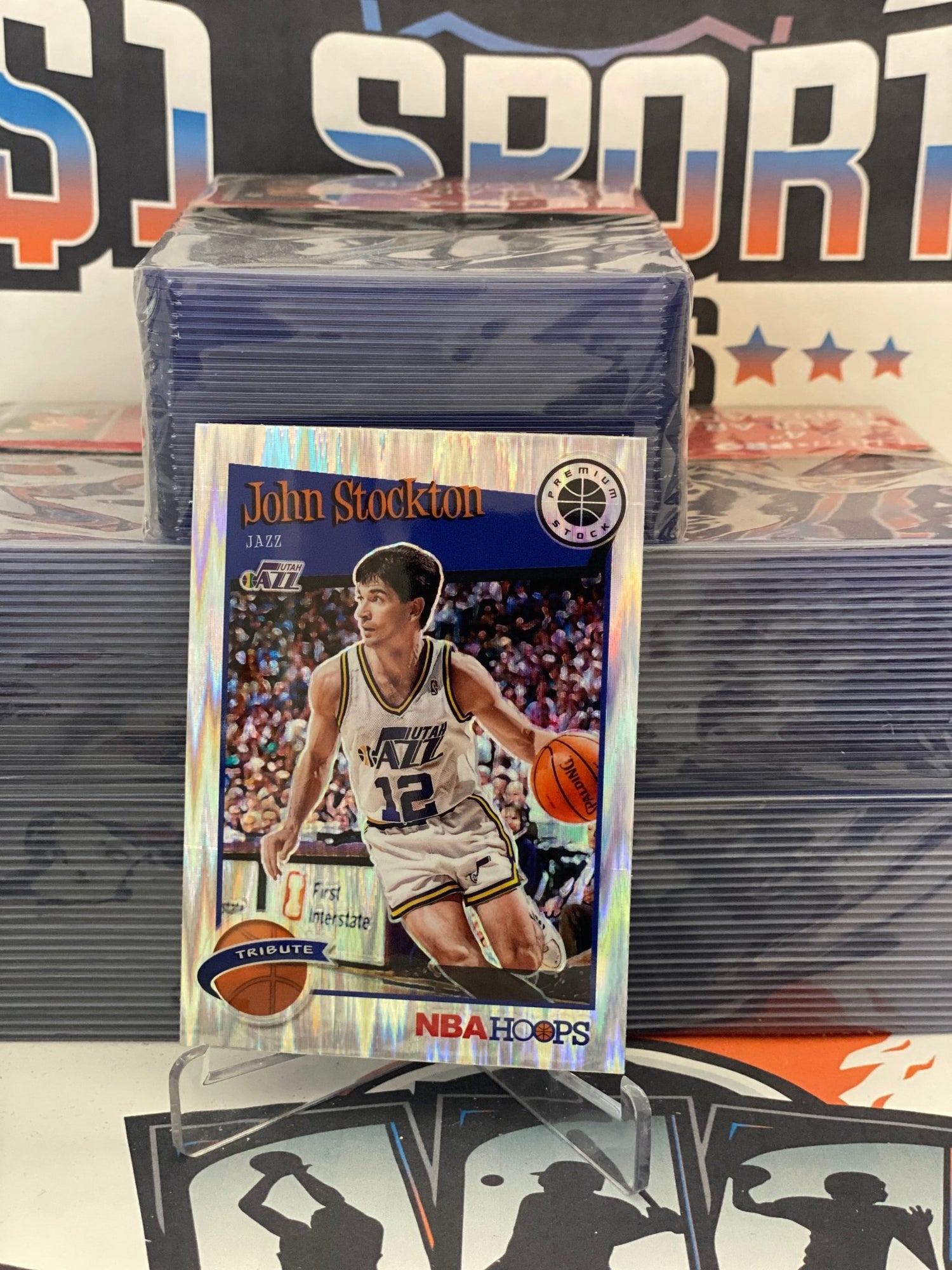 2019 Hoops Premium Stock (Flash Prizm, Tribute) John Stockton #292