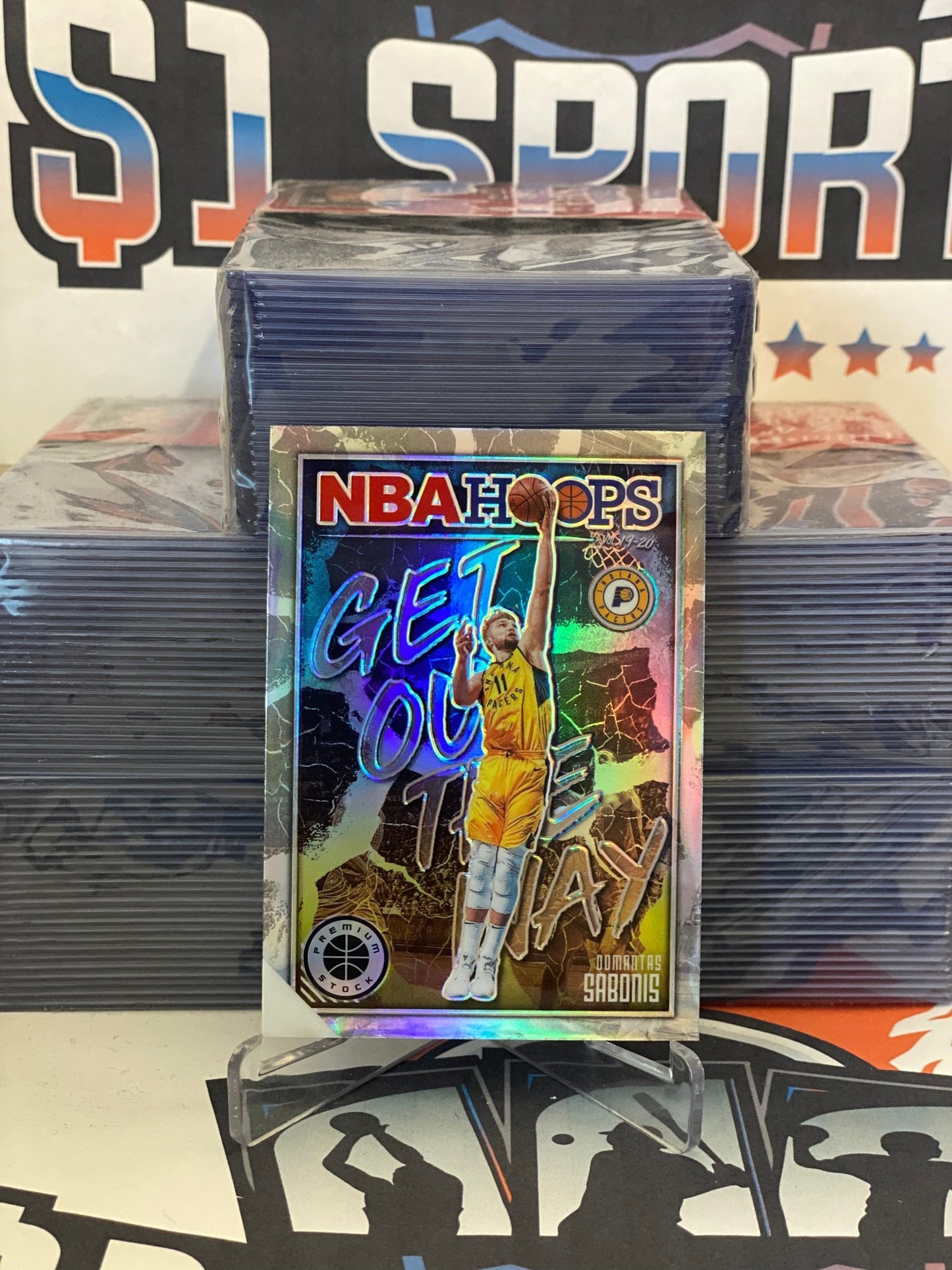 2019 Hoops Premium Stock (Holo Prizm, Get Out The Way) Domantis Sabonis #18