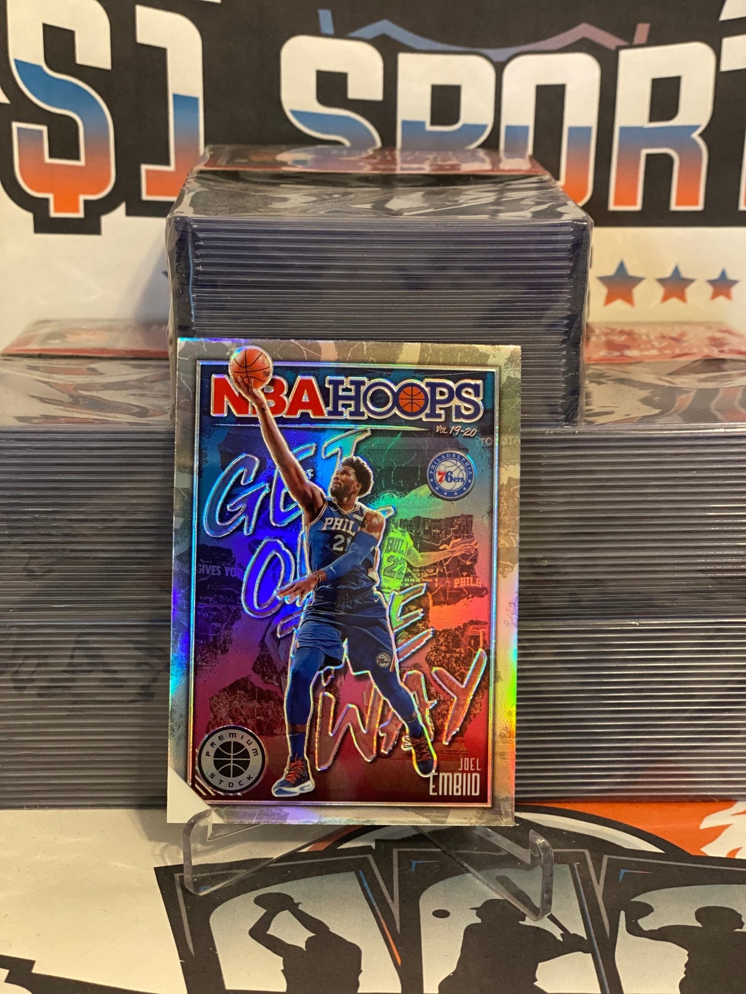 2019 Hoops Premium Stock (Holo Prizm, Get Out The Way) Joel Embiid #10