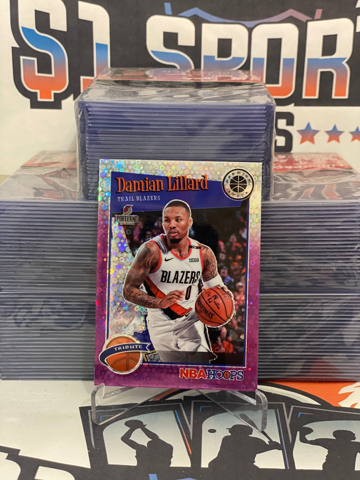 2019 Hoops Premium Stock (Purple Disco Prizm, Tribute) Damian Lillard #291