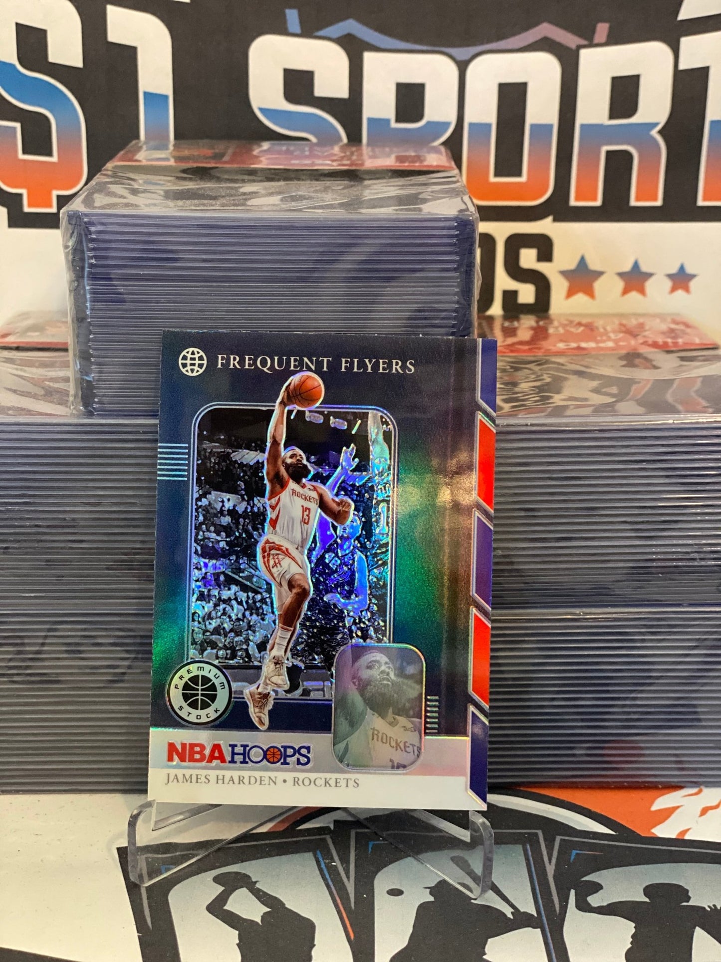 2019 Hoops Premium Stock (Purple Prizm, Frequent Flyers) James Harden #13