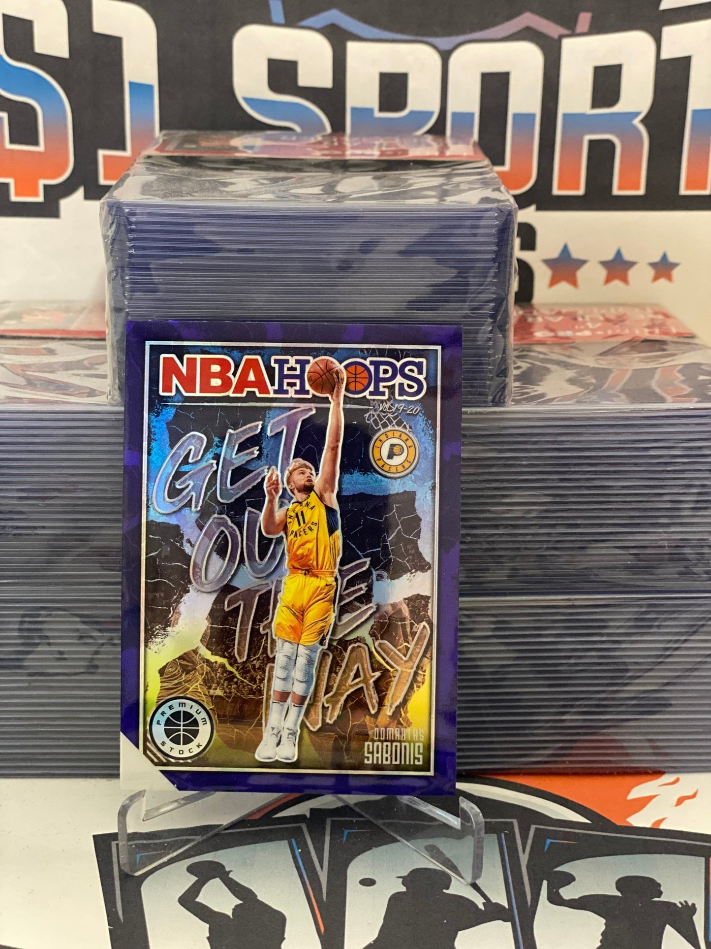 2019 Hoops Premium Stock (Purple Prizm, Get Out The Way) Domantas Sabonis #18
