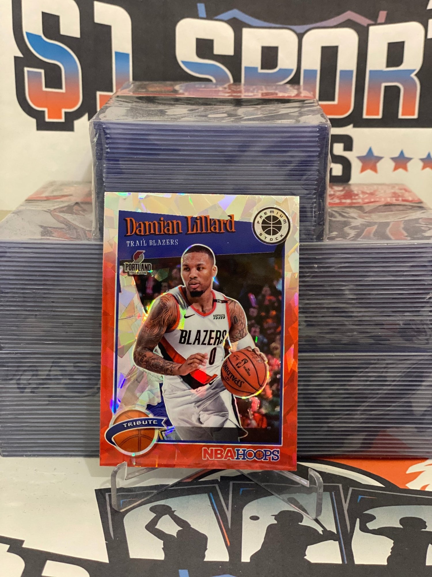 2019 Hoops Premium Stock (Red Ice Prizm, Tribute) Damian Lillard #291