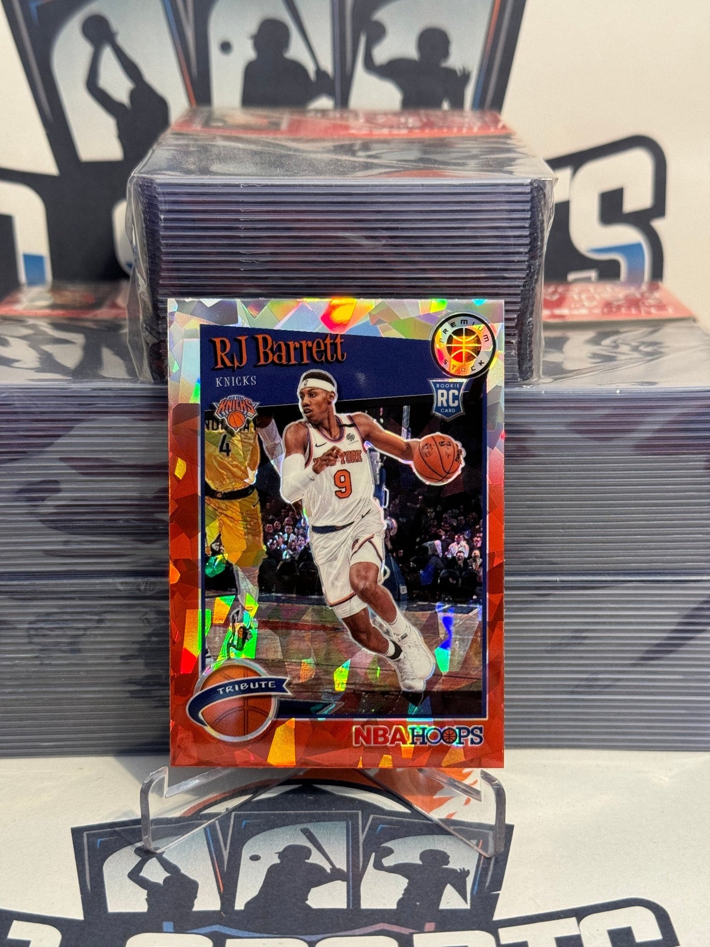 2019 Hoops Premium Stock (Red Ice Prizm, Tribute) RJ Barrett Rookie #298