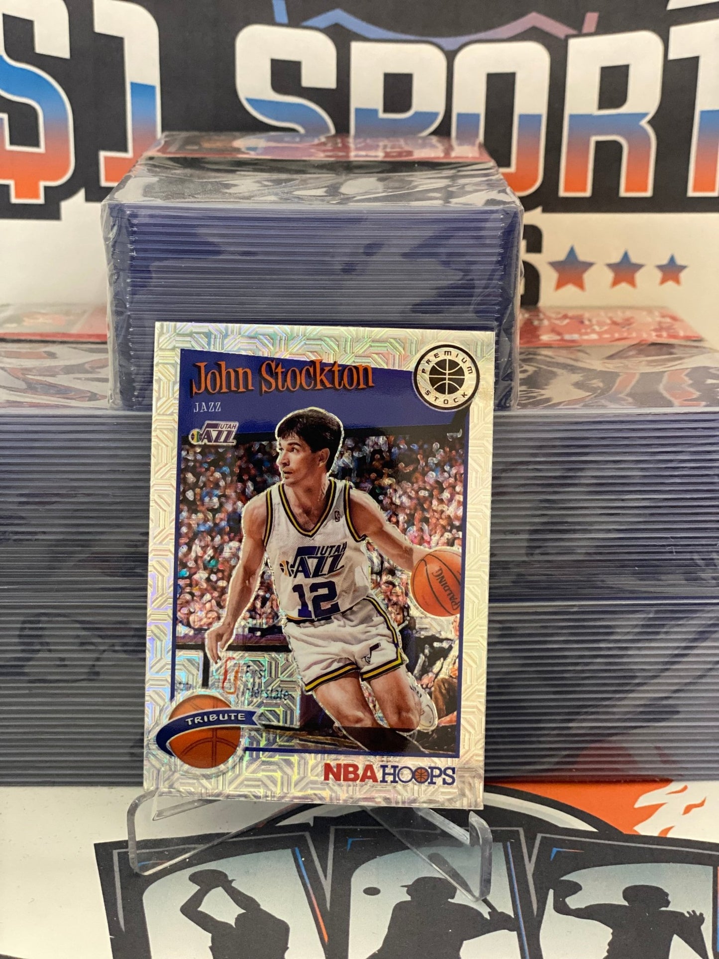 2019 Hoops Premium Stock (Silver Mojo Prizm, Tribute) John Stockton #292